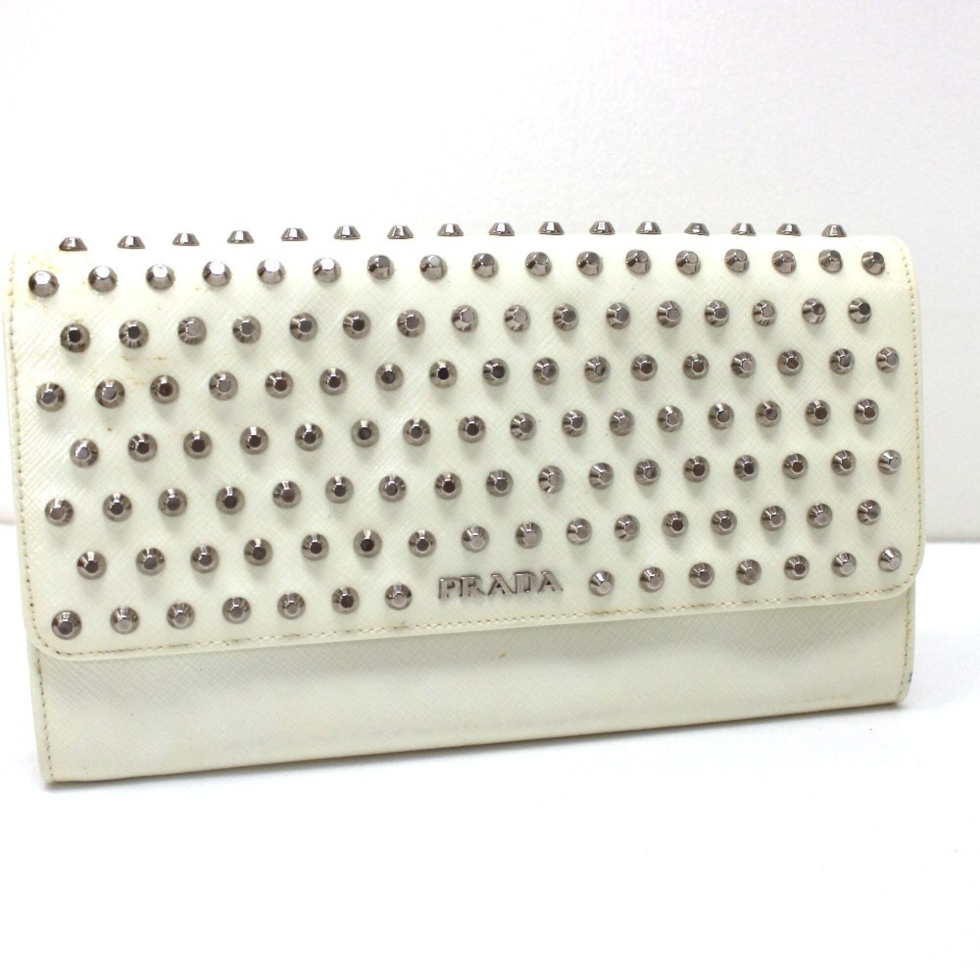 Prada Prada Wallet Bag Studs Clutch Long Leather Women's White